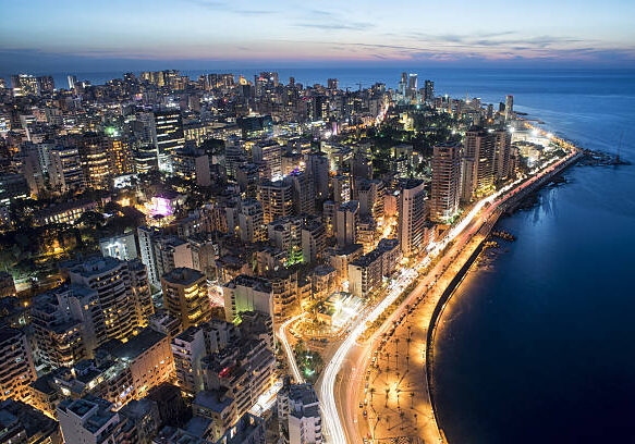 Aerial night shot of Beirut Lebanon , City of Beirut, Beirut city scape